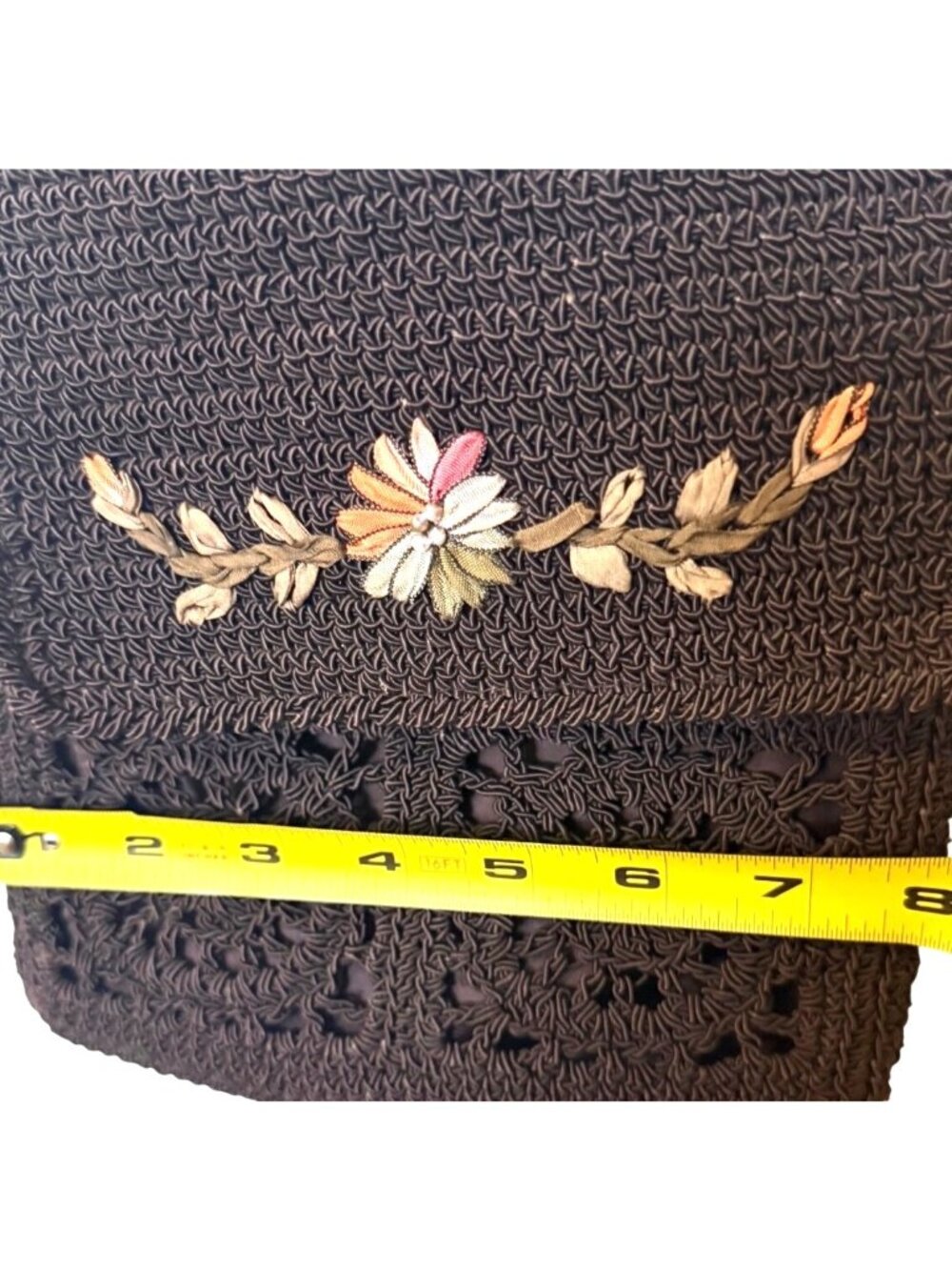 Vintage Boho Crocheted Dark Brown Crossbody Bag With Floral Embroidery Beautiful - Picture 4 of 9